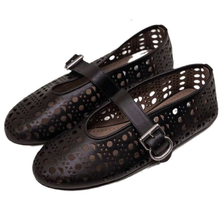 Genuine Leather Shallow Mouth One-Strap Round Toe Hollow Flat Ballet Women Spring Summer New Mary Jane Shoes