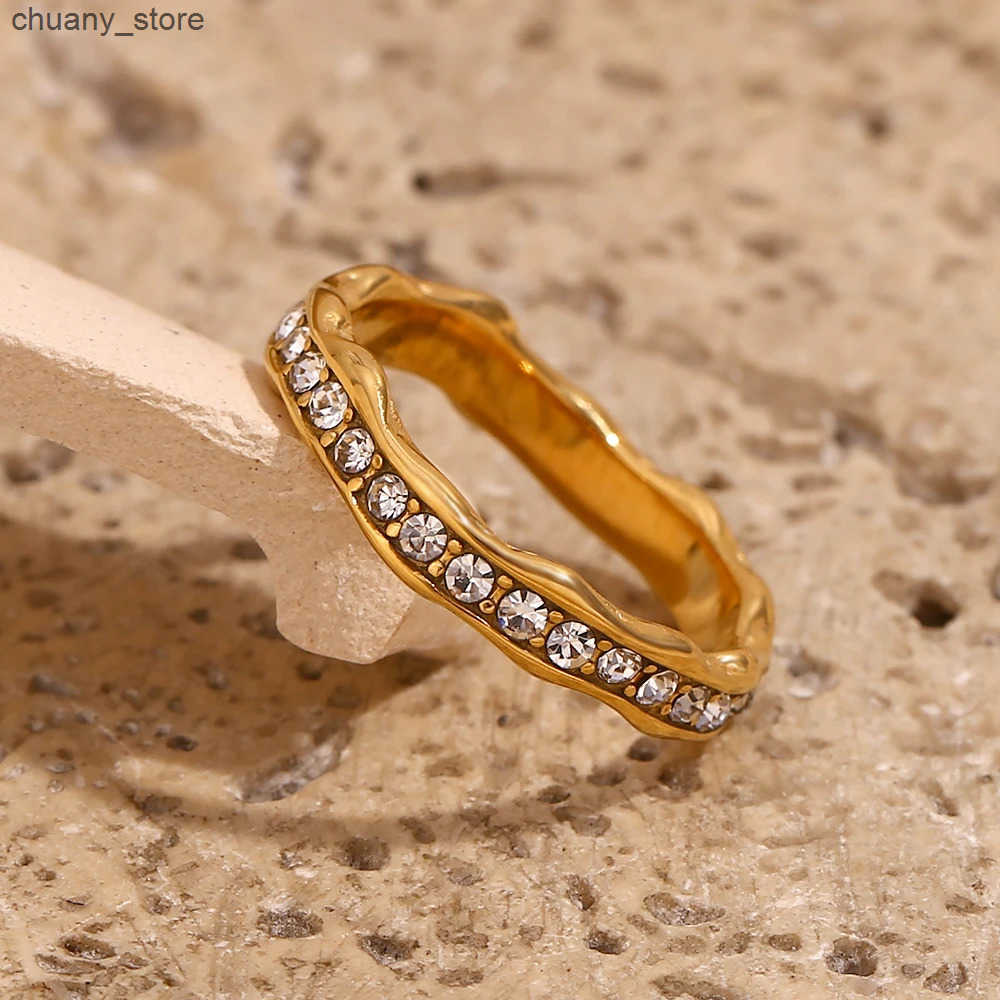 E.B.belle Rhinestone Eight Awn Star Wave Shape Ring Stainless Steel 18k Gold Plated Exquisite Women Jewelry For Party Dating z2505293FAM