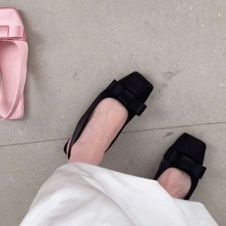 Genuine Leather Satin French Square Bow Flat Back Strap Closed Toe Sandals for Women 2025 New Spring Summer Single Shoes