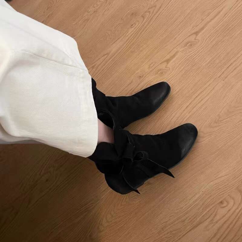 Genuine Leather Niche Design Bowknot Lace-up Ankle for Women Autumn Distressed Flat Bare Single Boots