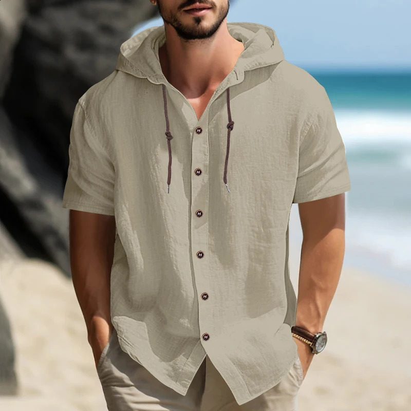Summer cotton linen mens short sleeved shirt in US size solid color hooded casual T-shirt plus size mens clothing 250526