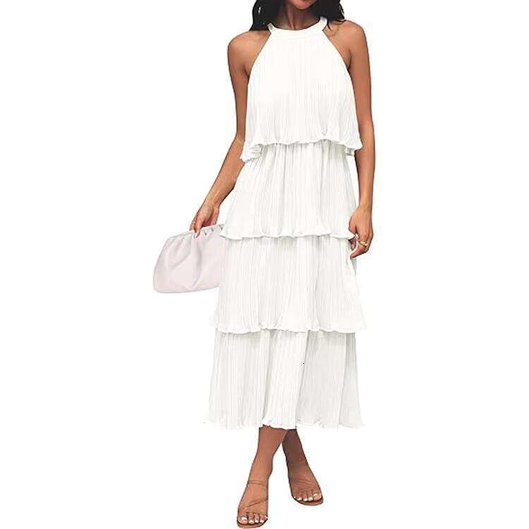 DHCollections Women Sleeveless Halter Neck Tiered Chiffon Maxi Dress with Ruffles and Flowing Skirt