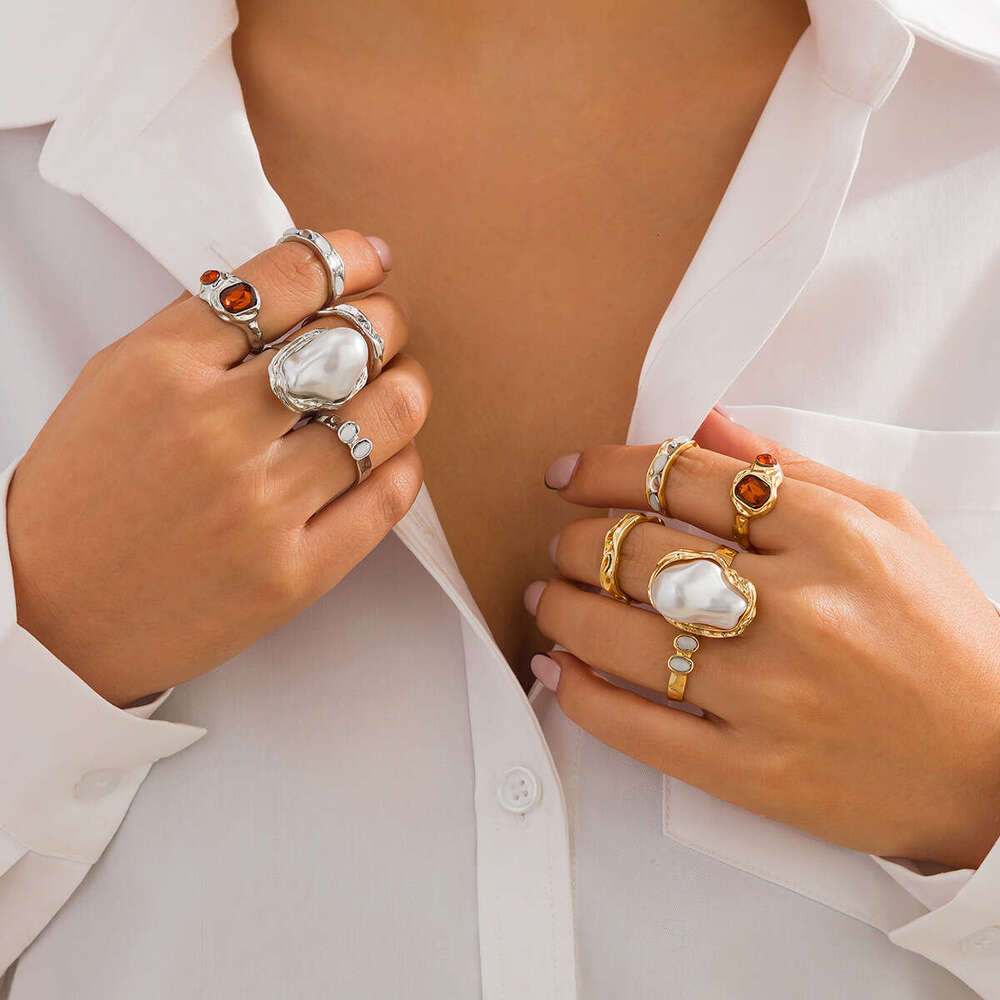 Jewelry INS Metallic Glossy Geometric Rings Irregular Inlaid Pearl Ring Set