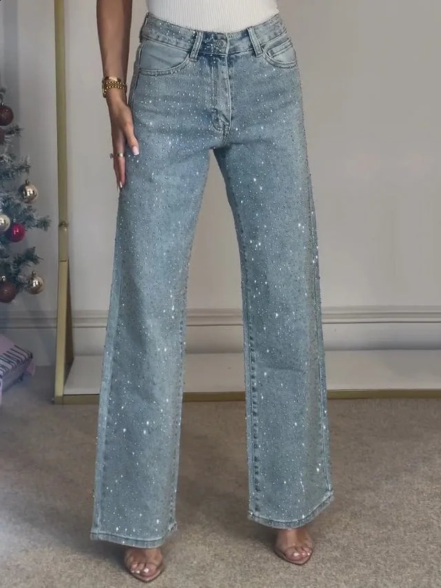 Straight Jeans for Women Diamonds Pants Stretch High Waist Washed Distressed Pockets Vintage Denims Streetwear Female Trousers 250521