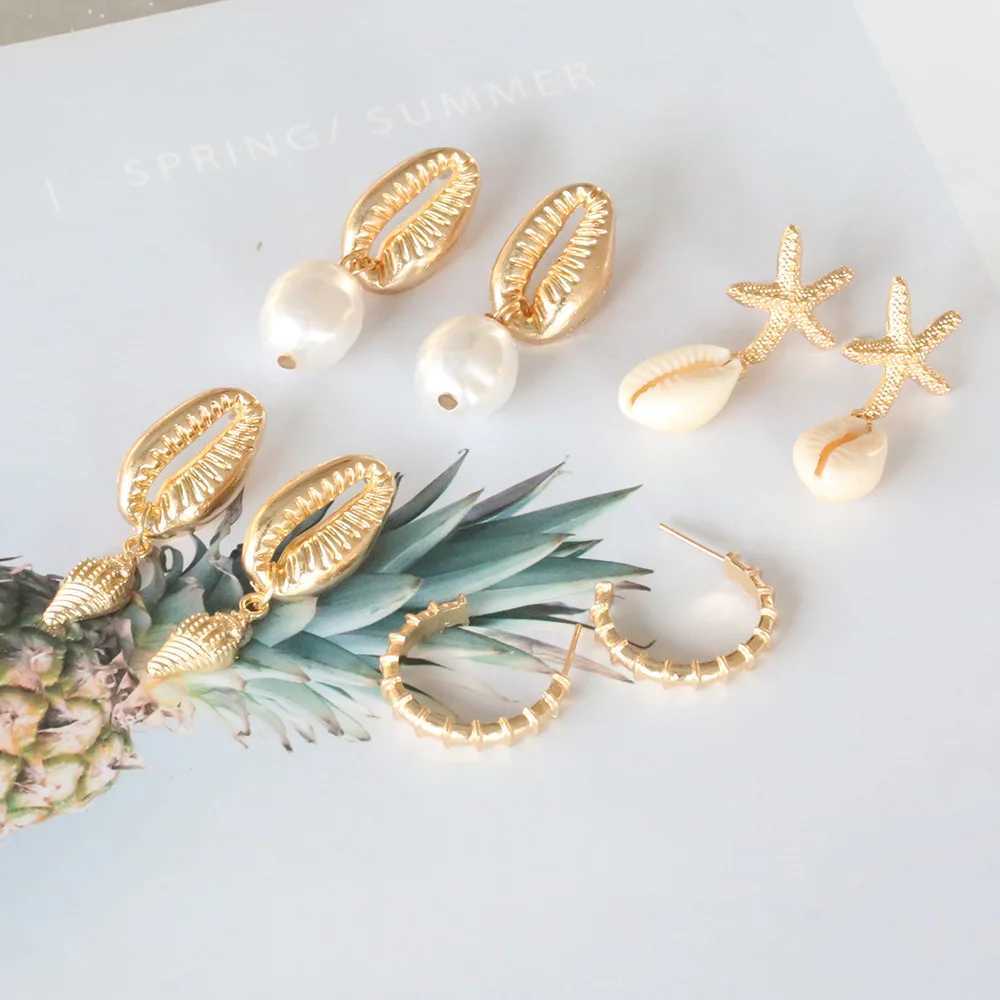 4Paris/set Bohemian Shell Irregular Imitation Pearl Conch Starfish Earrings L250527