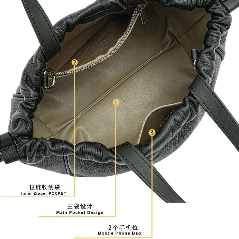 Fashion Hobos 100% Genuine Leather Soft Skin Women String Shoulder Bag Classic Black Elegant Lady Crossbody Purse Tote Handbag
