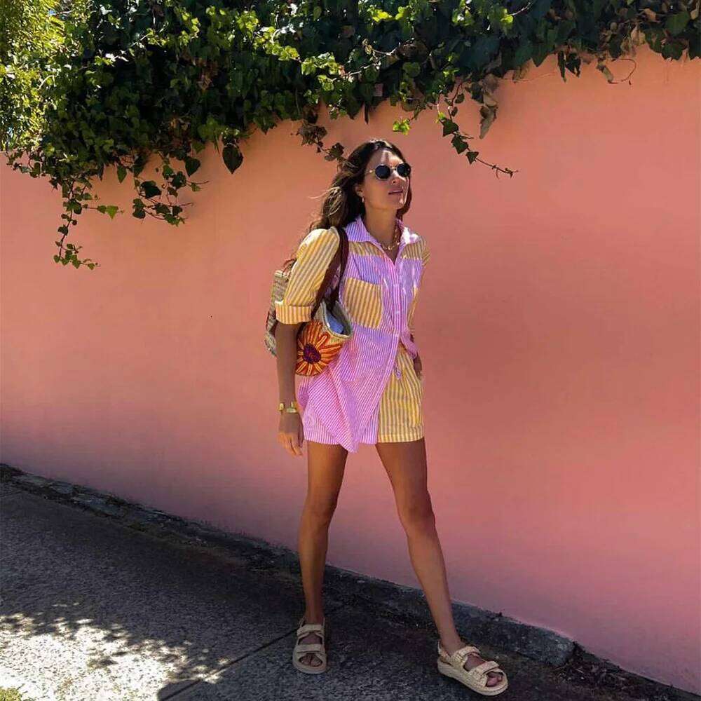 Women's Wear INS V Neck Long Sleeves Loose Shirt Elastic Waist Short Pants Women Orange Pink Contrast Color Suit Set ZATT Spring New