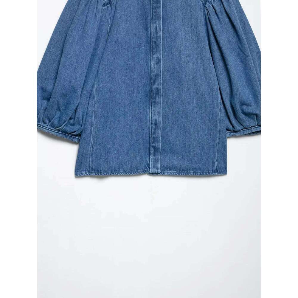 Zevity Women Fashion Turn Down Collar Breast Casual Denim Blouse Femme Pleated Half Sleeve Shirt Chic Chemise Blusas Tops LS9131