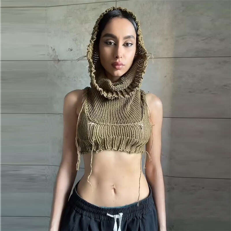 Autumn Fashion Trend Women's New Hooded Sleeveless Crop Knit Solid Color Inner Sweater B5