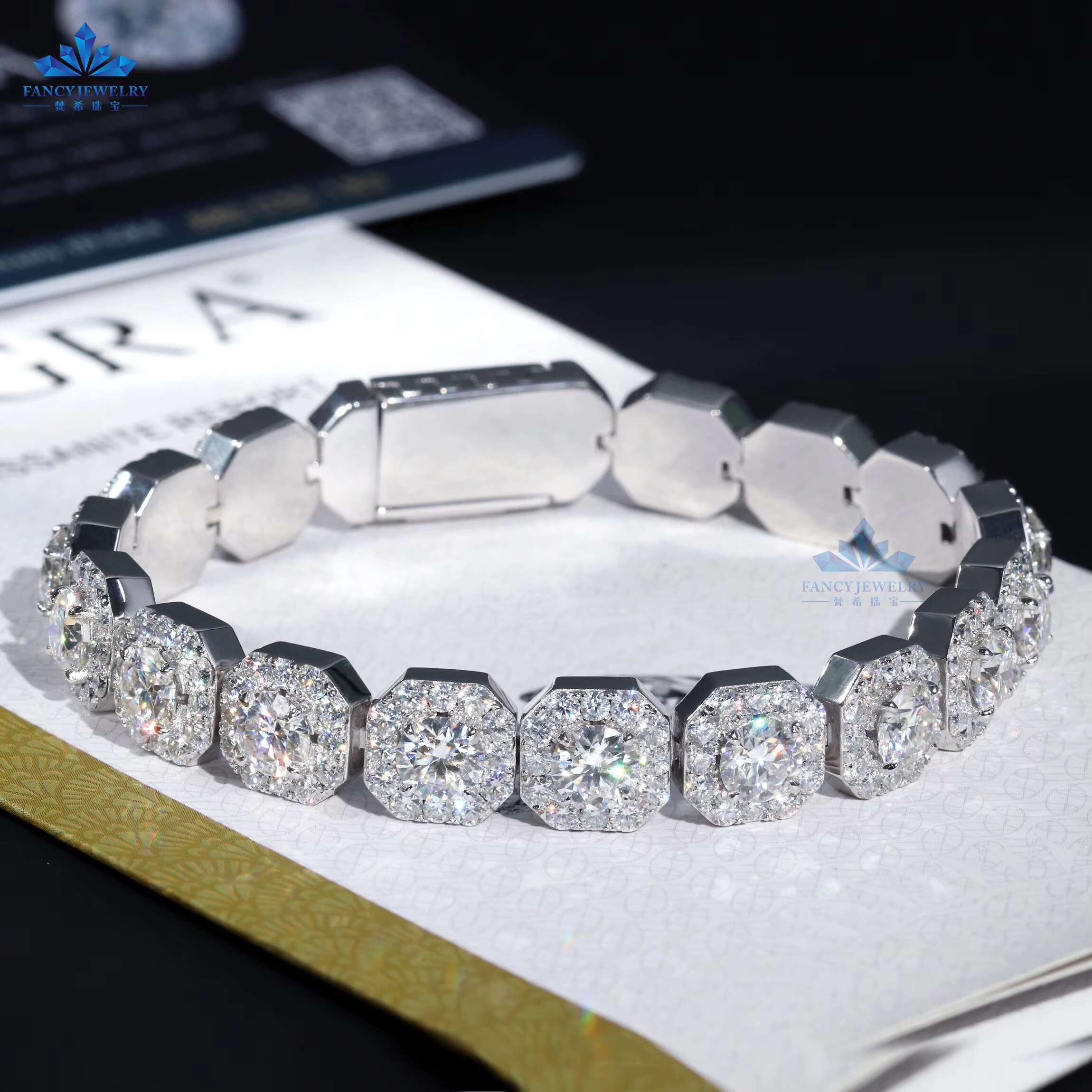 Professional Standard 925 Silver Tennis Bracelet 11MM Width Hiphop Rock-Candy Chain Diamond Square Moissanite Gold Jewelry Gift
