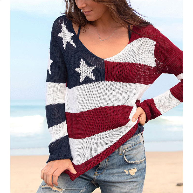 Women American Flag Sweater 4th of July Long Sleeve Crewneck Star Sweatshirt Vintage Hollow Out Knit Pullover Jumper Tops 240710