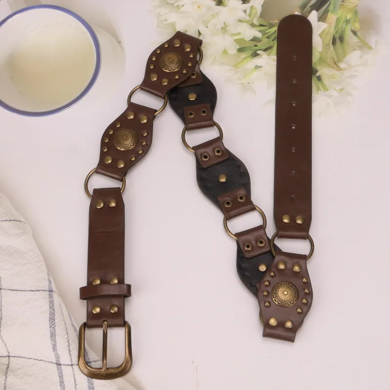 Ladies Punk Chain Belts Pin Buckle Adjustable Length Waist Accessories Retro bronze Stud Decoration For cowgirl cowboy on dress 250523