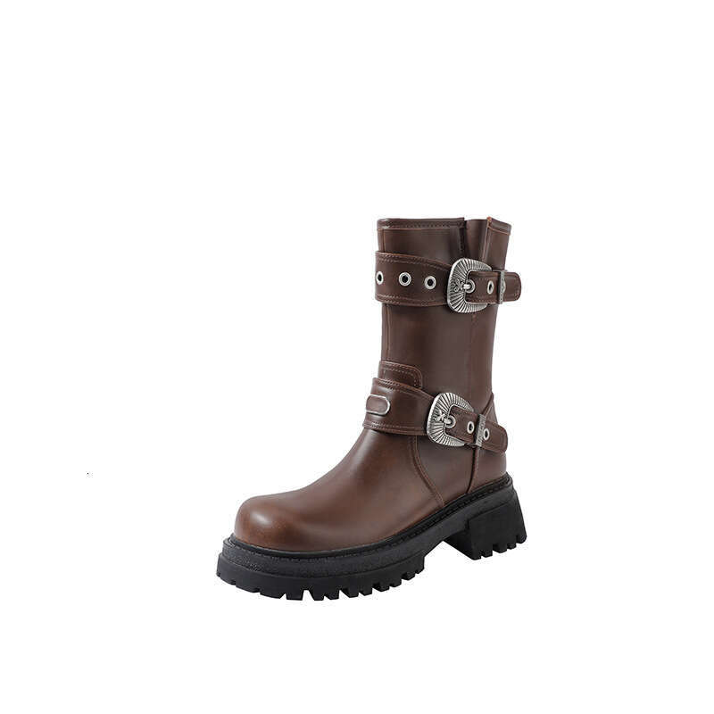 Milad Style Tube Riding Boots, Distressed Martin for Women, Autumn and Winter Thick Sole Chunky Heel Belt Buckle Short Boots