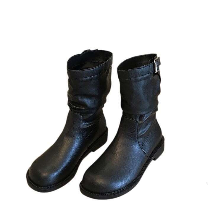 Genuine Leather Korean Style Short for Women 2024 Autumn Winter New Chunky Heel Round Toe Slouch Mid-Calf Slim Martin Boots
