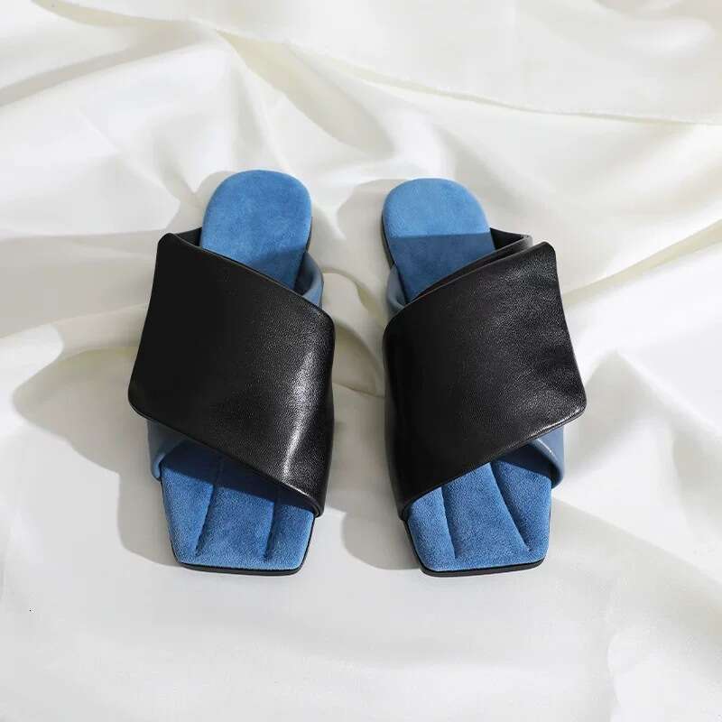 Sheepskin Version ~ Korean Style Color-Block Hook and Loop Flat Sandals for Women Outdoor Wear 2025 Summer New Fashionable Slippers