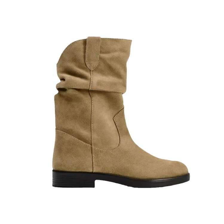 Melard Round Toe Western Cowboy Chunky Heel Thick Sole Mid-Calf Autumn Winter Fleece Lined Slouch Women Boots
