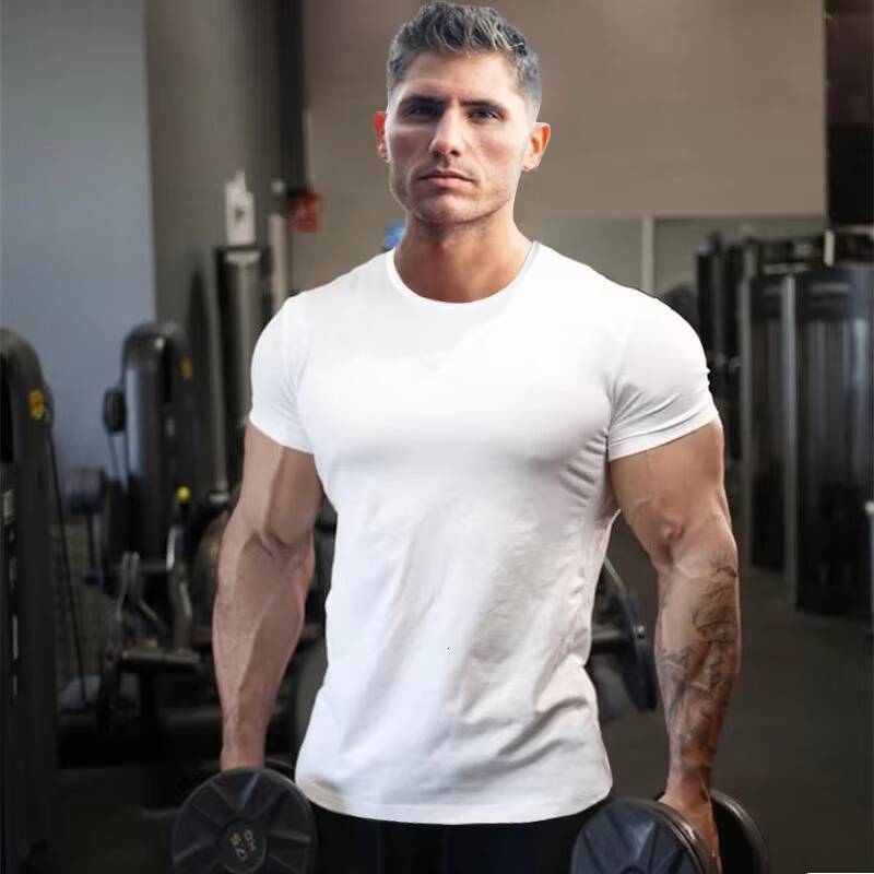 Men's 100% Cotton Summer Sports T-Shirt Slim Fit Short Sleeve Elastic Neck Breathable Thin Muscle Gym Shirt Dyed Solid Color