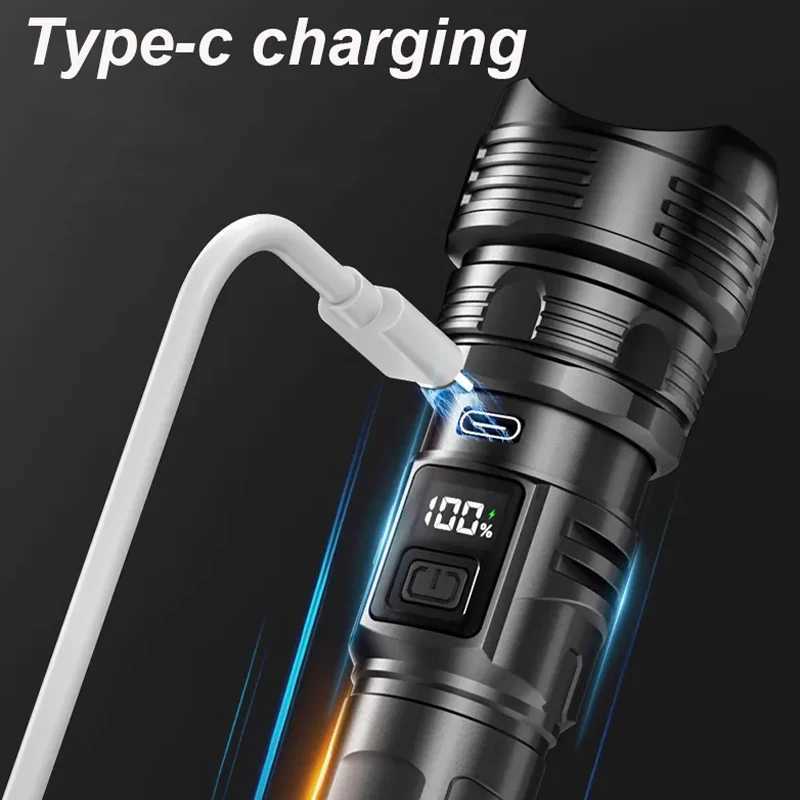 300000 LM High Power LED Flashlight Digital Display Portable USB Rechargeable Lantern Outdoor Tactical Torch Camping Work Lights XJ250529