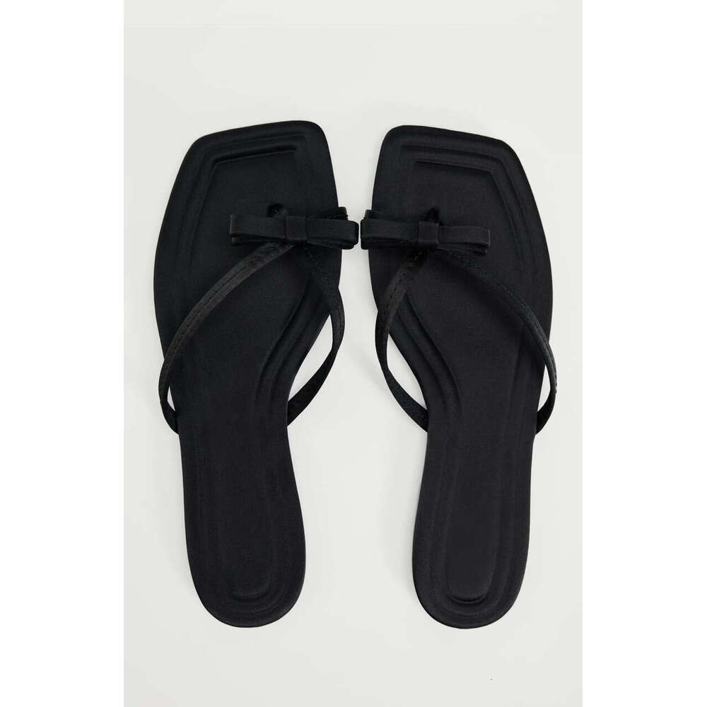 Genuine Leather Korean Style Square Flat Bowknot Toe Ring Slippers for Women Outdoor 2024 Summer New Beach Flip-Flops