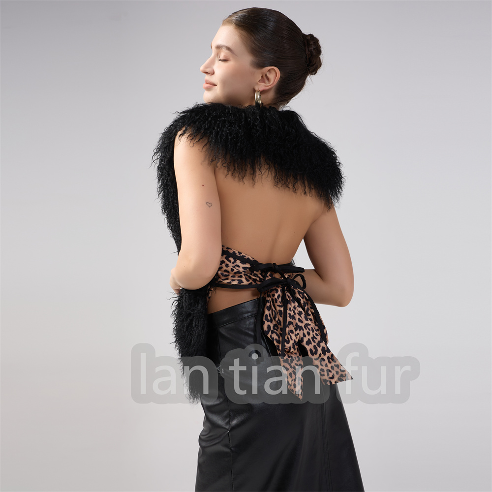 Fluffy Luxury Real Mongolian Fur Halter Vests Women Solid Deep V-Neck Backless Bandage Sleeveless Jackets Top Outerwear Coat