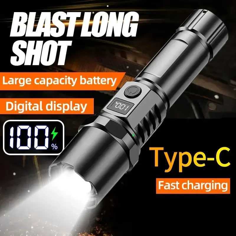 10000LM High Power LED Flashlight Long-range USB C Rechargeable Flashlight Power Display Zoom Lantern For Outdoor Camping Torch XJ250529
