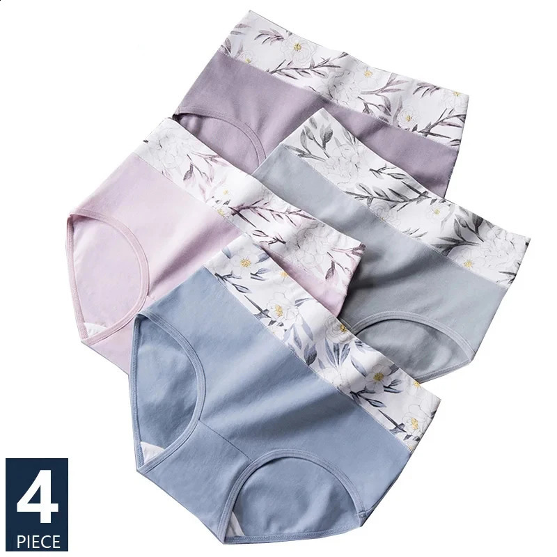 4Pcs High Waist Cotton Women Panties Body Slimming Underwear Breathable Fashion Print Briefs Girls Underpants Female Lingerie 250526