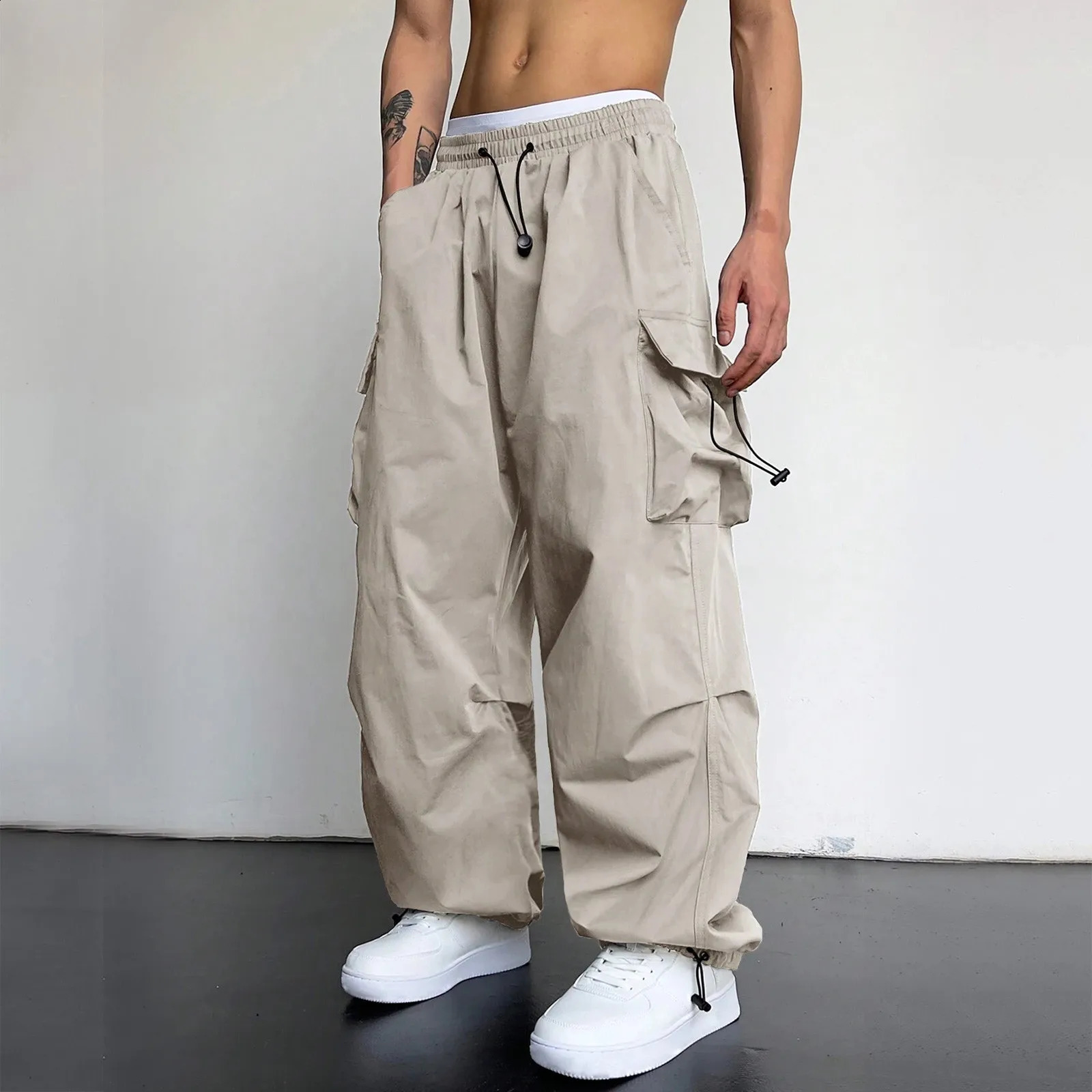 Mens Streetwear Cargo Pants Casual High Waist Pocket Solid Wide Leg Pants Male Retro Cargo Harem Pants Y2k Clothing Pantalones 250527