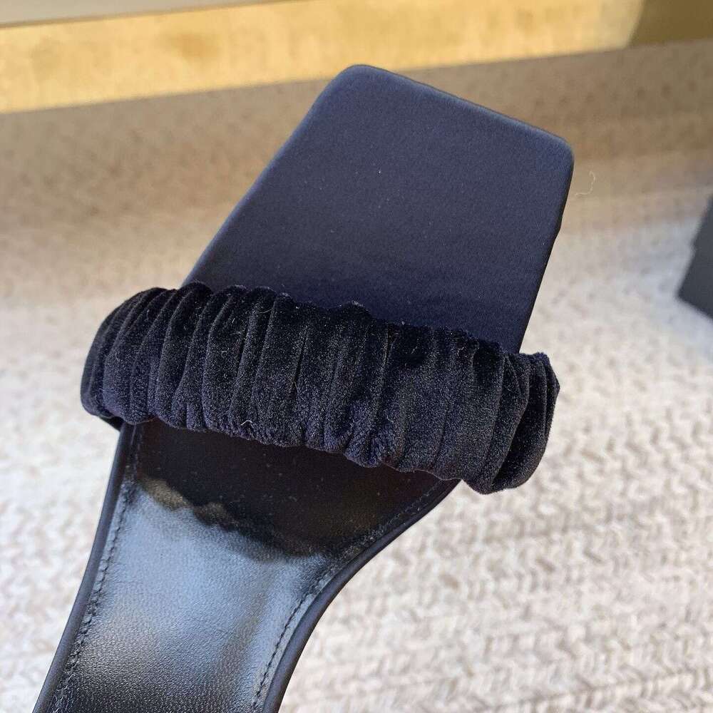 French Style Velvet Pleated Fashionable Square Stiletto Open Toe Sandals for Women Summer High Heels
