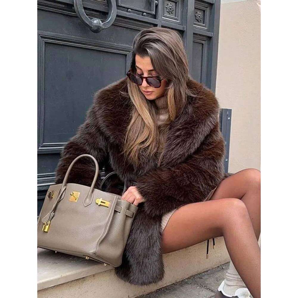 With Belt Fur Coat Fluffy Large Heart Shaped Waist Cinching Deep V Mid Length Overcoat Warm Plush Women Trend Outwear Winter Top