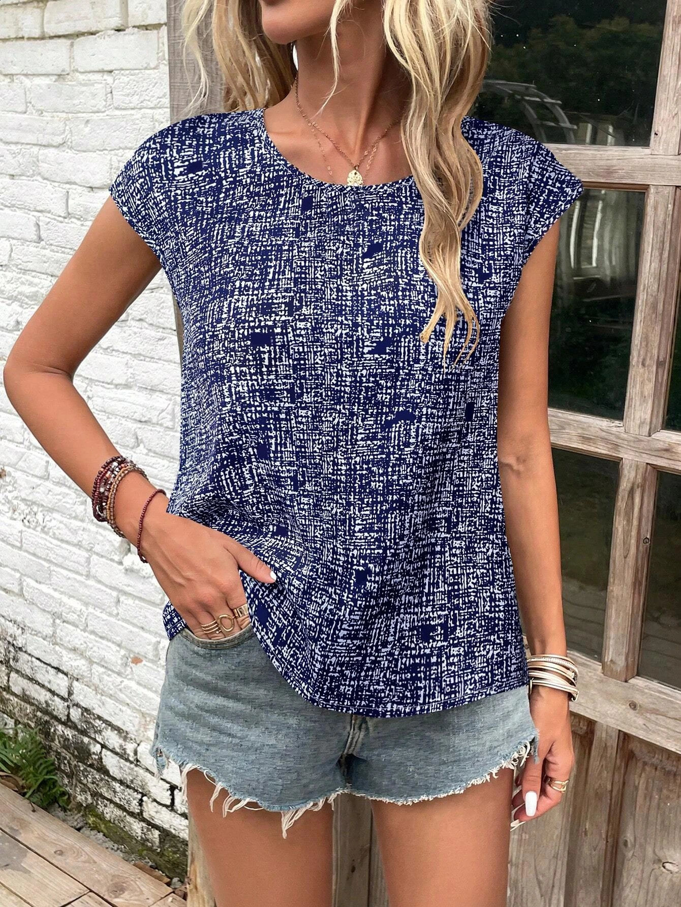 European and American womens elegant and fashionable versatile casual round neck printed short sleeved shirt 250529Z