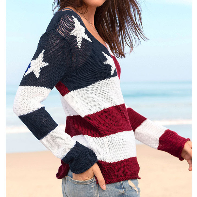 Women American Flag Sweater 4th of July Long Sleeve Crewneck Star Sweatshirt Vintage Hollow Out Knit Pullover Jumper Tops 240710