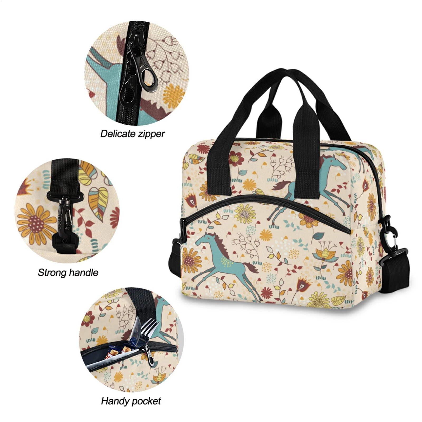 HighCapacity Food Thermal Lunch Box Bag Durable Horse Print Office Cooler Lunchbox Organizer School Insulated Case With Strap 250528