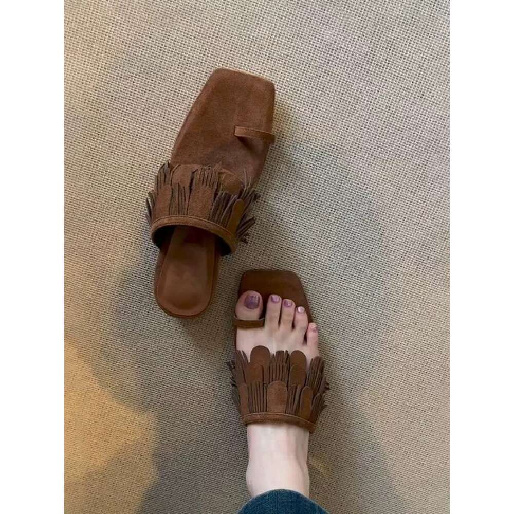 Sheepskin Version ~ Niche Suede Tassel Low Heel Square Toe Slip-On Mules for Women Outdoor 2025 Summer Sandals