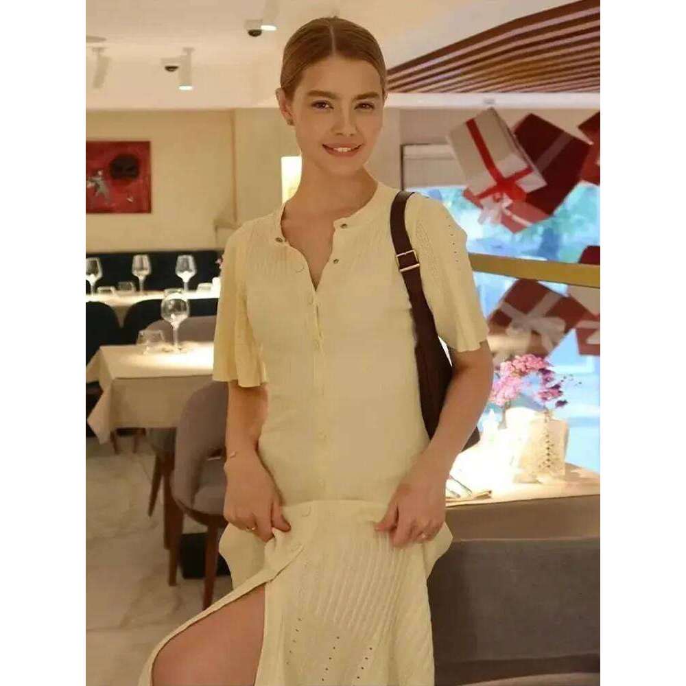 Elegant Knitted Patchwork Midi Dress Women's Short Sleeve High Waist Casual Single-Breasted Curvy Dresses Summer Black Apricot