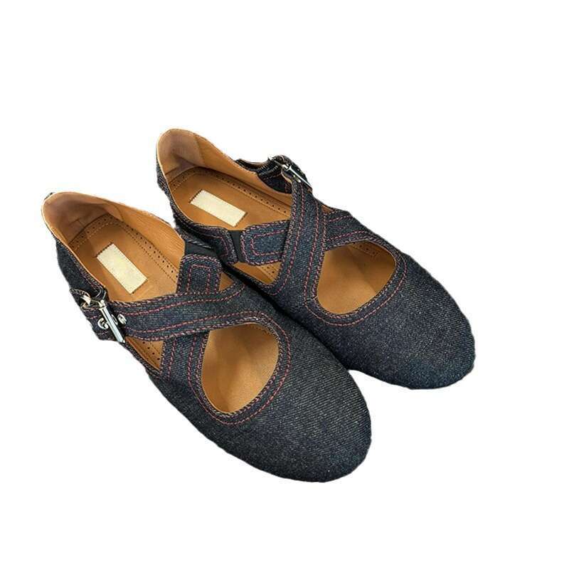 Genuine Leather Korean Style Niche Denim Cross Buckle Round Toe Flat Ballet Mary Jane Shoes for Women Summer Autumn New