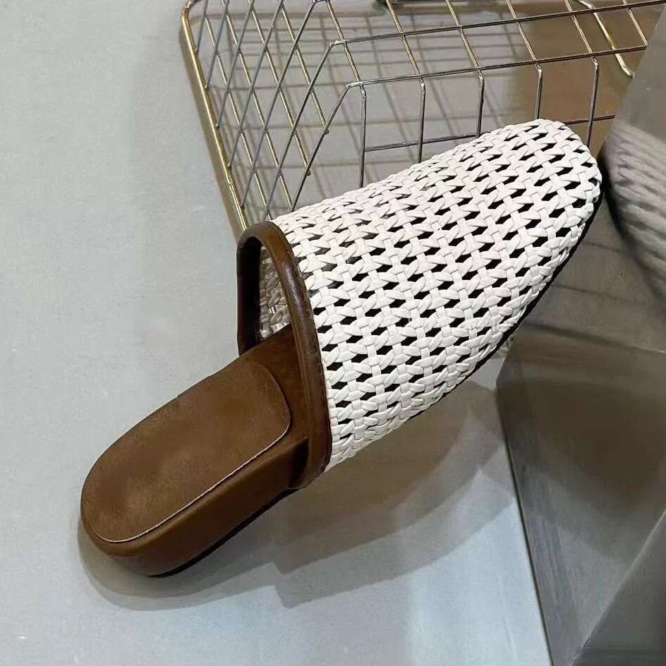 Sheepskin Version~Korean Style Woven Hollow Out Closed-Toe Half Slippers Women 2025 New Summer Thick-Soled Flat Sandals for Outdoor Wear