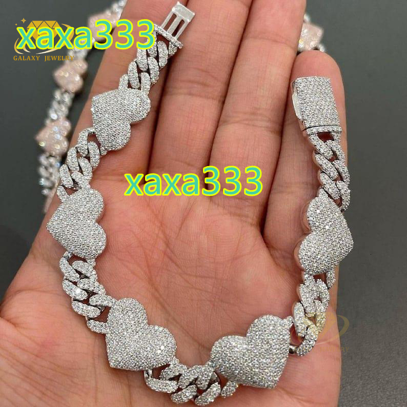 Fashion 14mm Heavy Heart Love Cuban Bracelet Hiphop 925 Pure Silver Iced Out Full Moissanite Diamonds Woman Cuban Link Chain