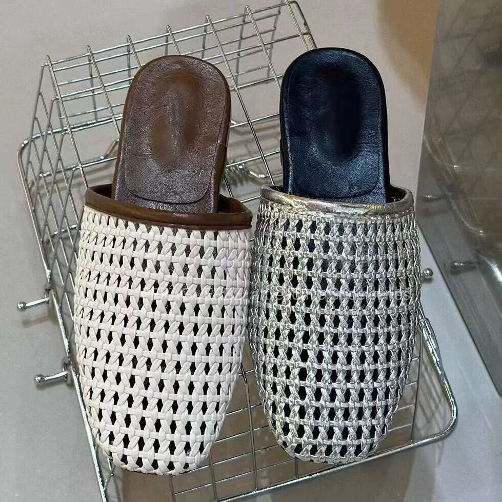 Sheepskin Version~Korean Style Woven Hollow Out Closed-Toe Half Slippers Women 2025 New Summer Thick-Soled Flat Sandals for Outdoor Wear