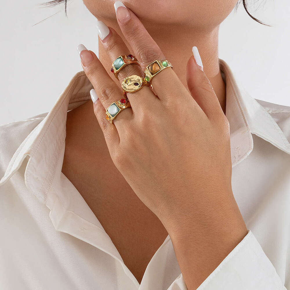 Jewelry Fashion Colorful Inlaid Geometric High-end Irregular Alloy Ring