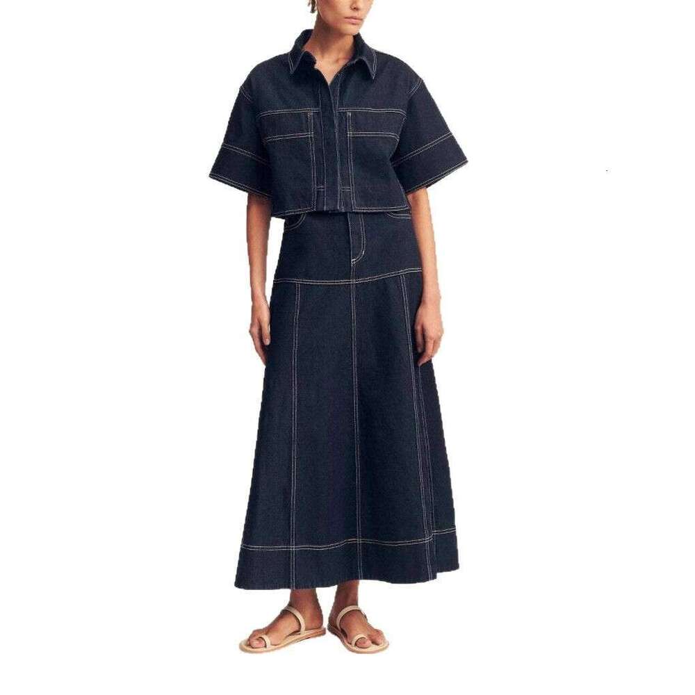 Summer Women's Casual Pocket Short Sleeve Shirt Split Skirt Denim Two-Piece Set B5