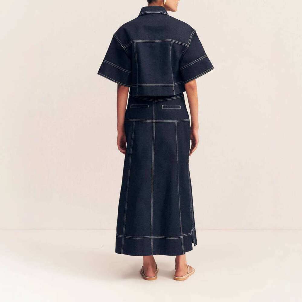 Summer Women's Casual Pocket Short Sleeve Shirt Split Skirt Denim Two-Piece Set B5