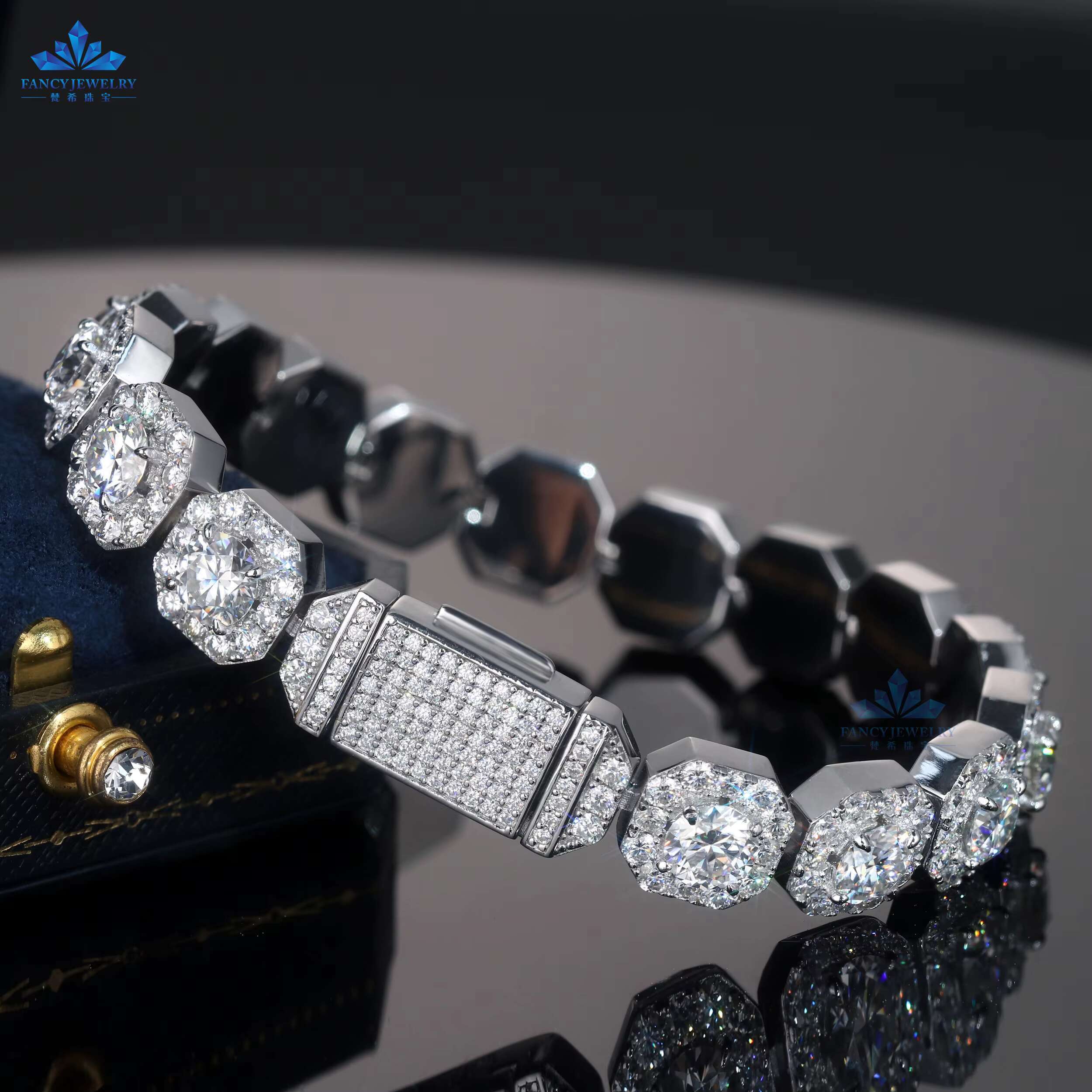 Professional Standard 925 Silver Tennis Bracelet 11MM Width Hiphop Rock-Candy Chain Diamond Square Moissanite Gold Jewelry Gift