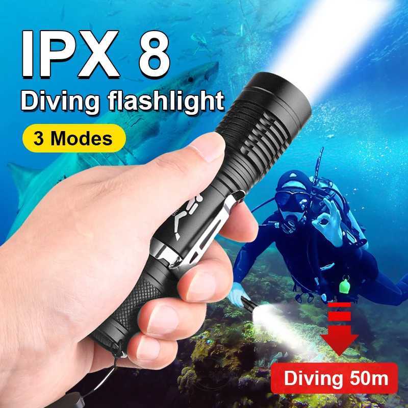 Diving Flashlight LED XHP70 Powerful Diving Lantern IP68 Professional Diving Flashlights Depth 50M Underwater Lamp with Click XJ250529