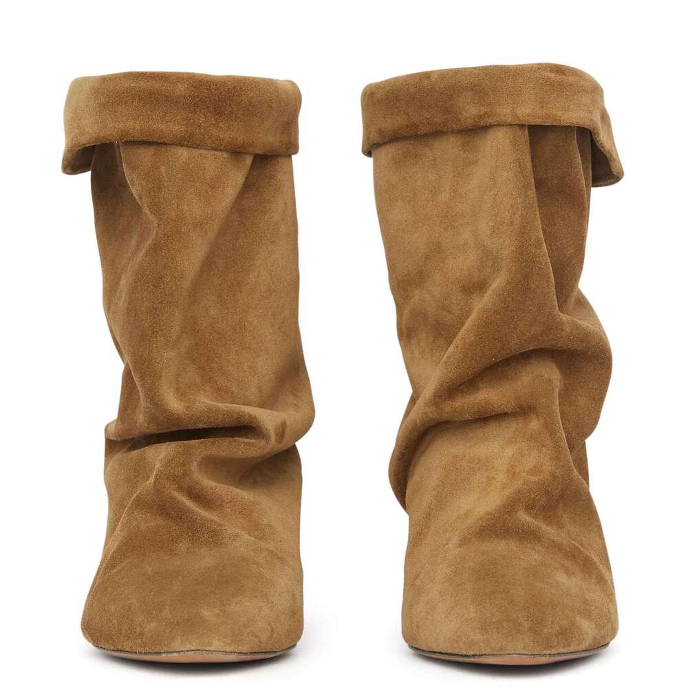 Niche Tapered Heel Short Suede Western Cowboy for Women, New Autumn Winter Turn-down Collar Slouch Martin Boots
