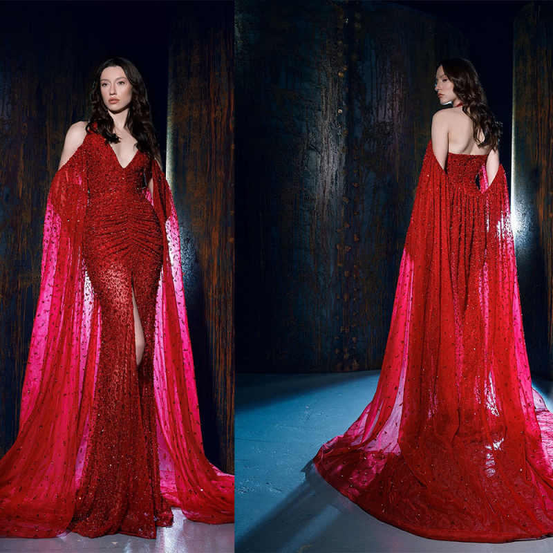 Classic Evening Dresses For Women V Neck Halter Sleeveless Gown Sequins Split Backless Dress Party Customized Dress