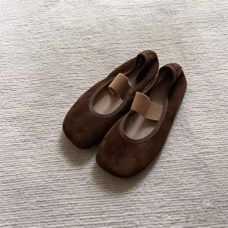 Genuine Leather Niche Suede Square Toe Shallow Comfortable Flat Ballet One-Strap Mary Jane Single Shoes for Women