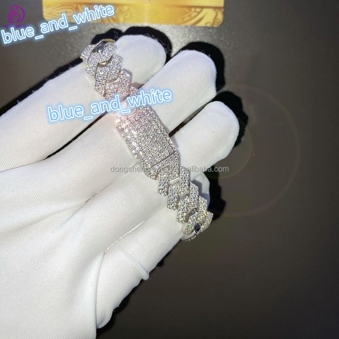 Wide Diamond Hip Hop Fashion Jewelry Iced Out VVS Moissanite Cuban Bracelet for Men and Women 12mm 13mm 14mm Silver Customize C5