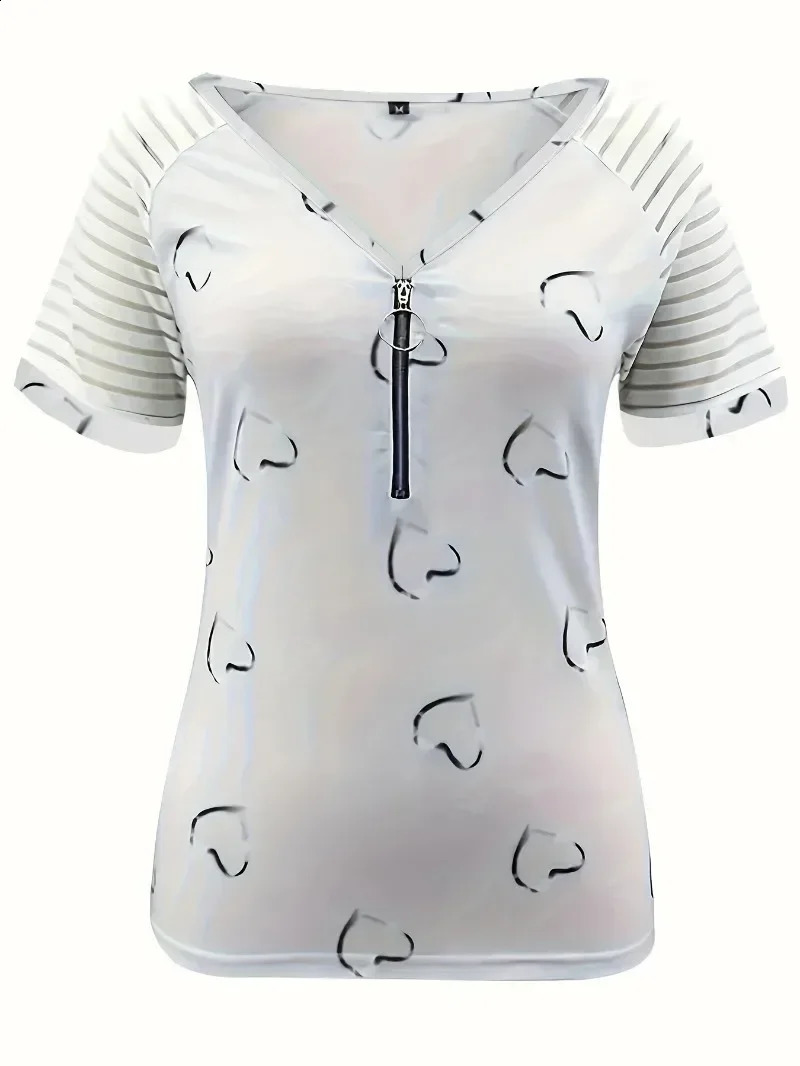 Womens Plus Size 1XL5XL Summer Fashion Peach Blossom Print Short Sleeve Casual Zipper Loose Vneck Tshirt Top 250519