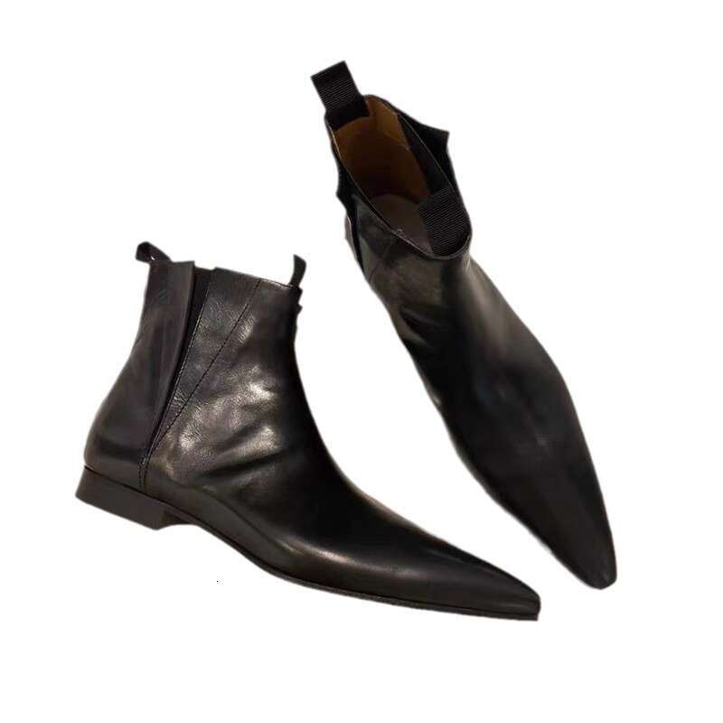 Genuine Leather Niche French Style Pointed Toe Chelsea for Women, Autumn and Winter Short Flat Bare Martin Boots, Slim Boots