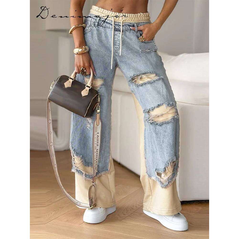 Casual Patchwork Jeans Women Loose Drawstring Low Waist Pockets Zipper Straight Leg Pants 2025 Spring Summer Street Lady Trouser